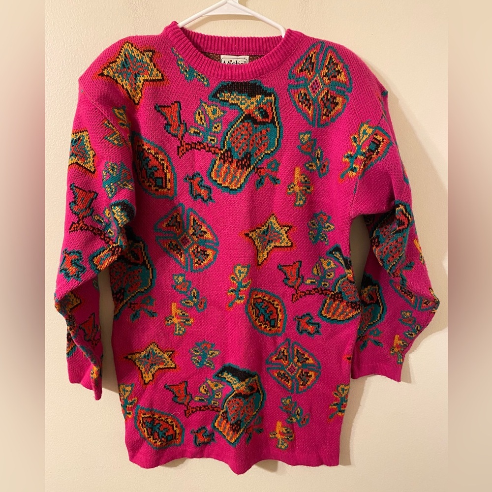 VTG 1980s Michel Pink‎ Toucan Southwestern Pattern Long Sleeve Sweater Sz Medium
